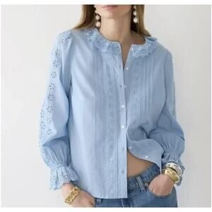 J.CREW Blouse Womens Small Blue Eyelet Ruffle Collar Long Sleeve Embroidered Top